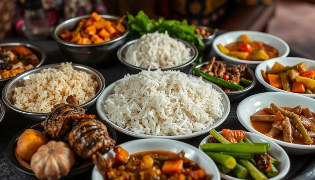 Traditional Malagasy food typical of the Amboasary region with rice and local specialties Traditional Malagasy food typical of the Amboasary region with rice and local specialties