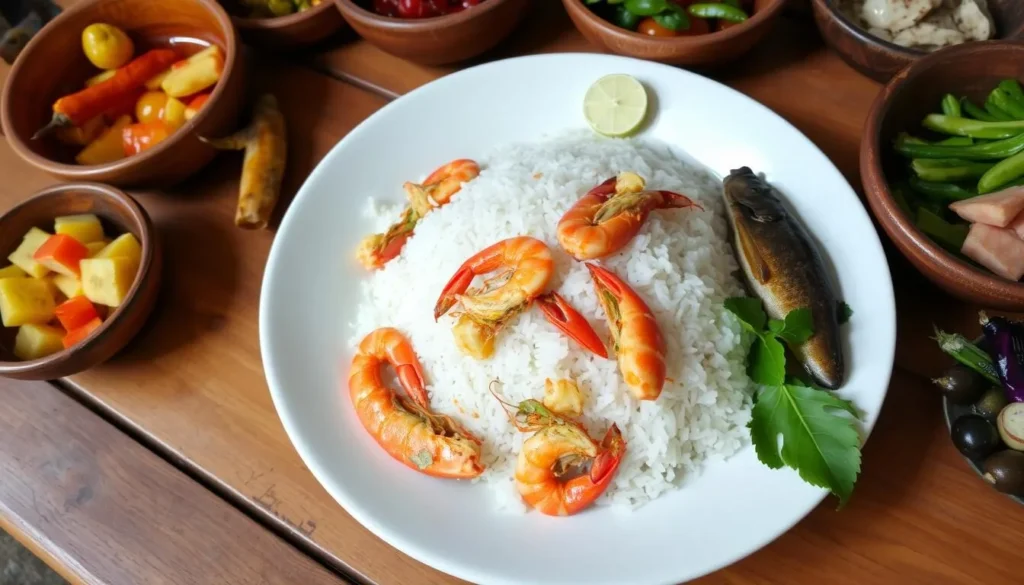 Traditional Malagasy meal served in Nosy Varika featuring rice, seafood, and local vegetables