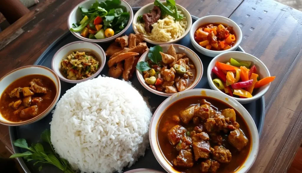 Traditional Malagasy meal with rice and accompaniments in Ambatondrazaka