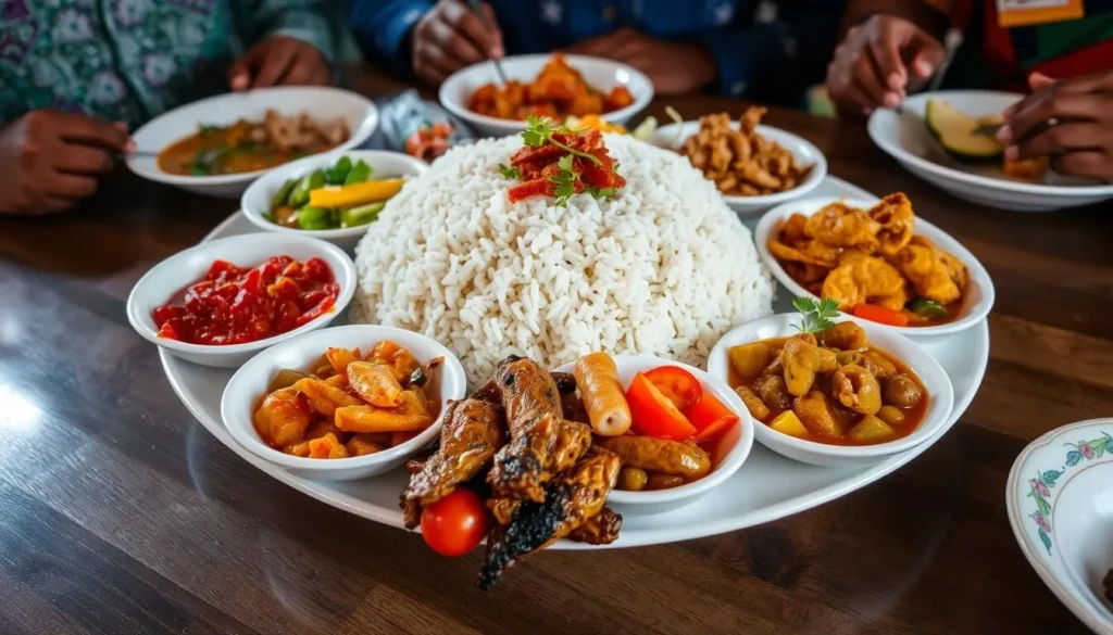 Traditional Malagasy meal with rice and local dishes in Soavinandriana