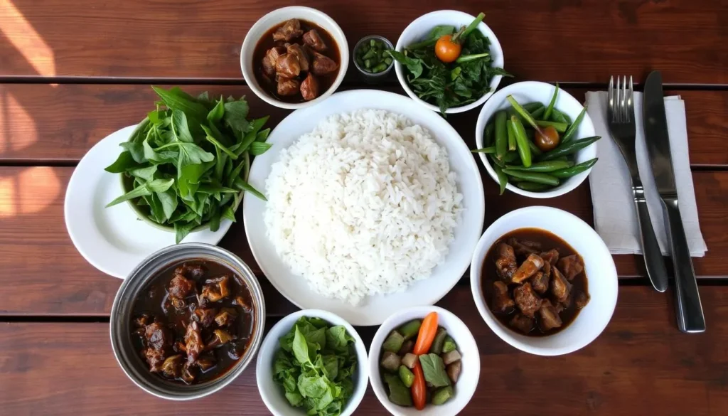 Traditional Malagasy meal with rice and local dishes served near Ranomafana
