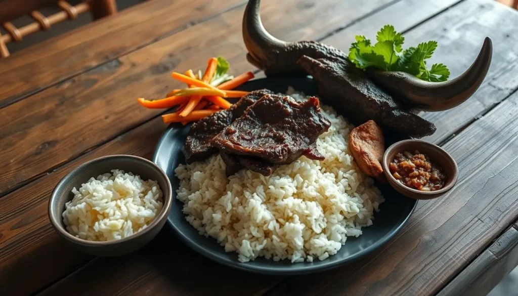 Traditional Malagasy meal with rice and zebu meat served at a lodge near Tsingy de Bemaraha