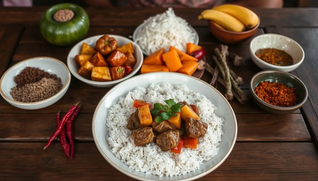 Traditional Malagasy meal with rice and zebu meat served near Zombitse-Vohibasia