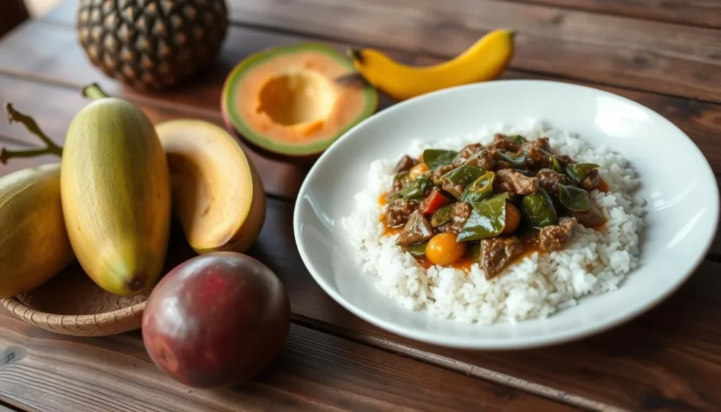 Traditional Malagasy meal with rice and zebu meat stew