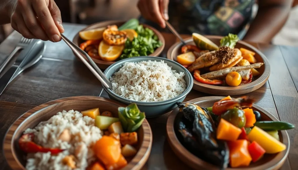 Traditional Malagasy meal with rice, seafood, and tropical fruits served at an eco-lodge Traditional Malagasy meal with rice, seafood, and tropical fruits served at an eco-lodge