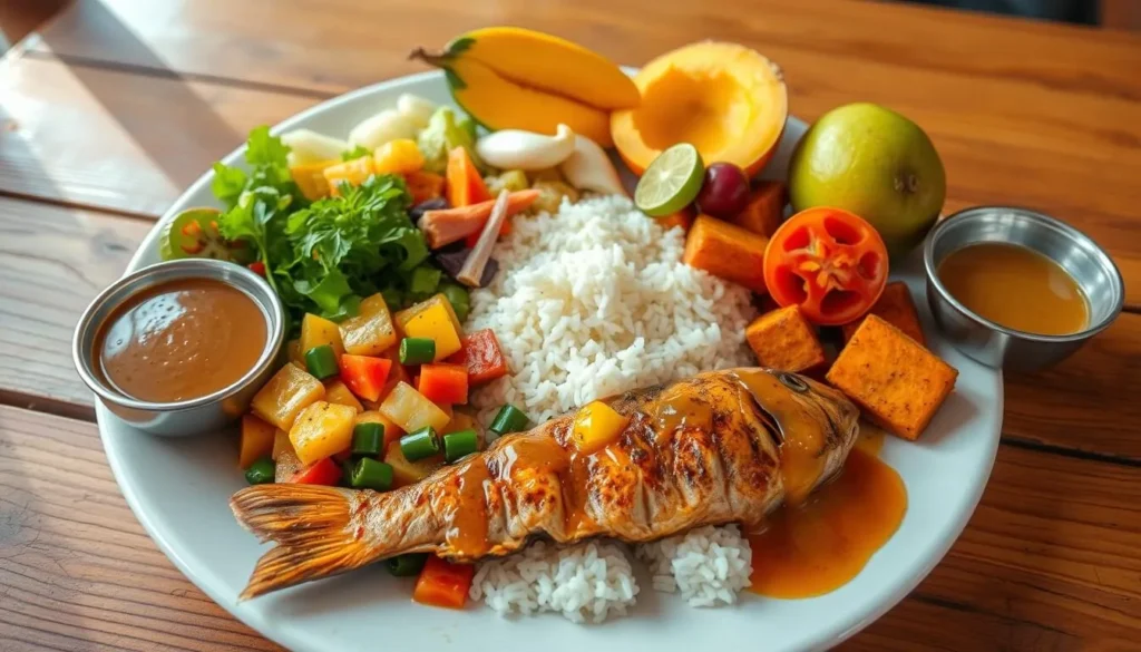 Traditional Malagasy meal with rice, vegetables, and local specialties