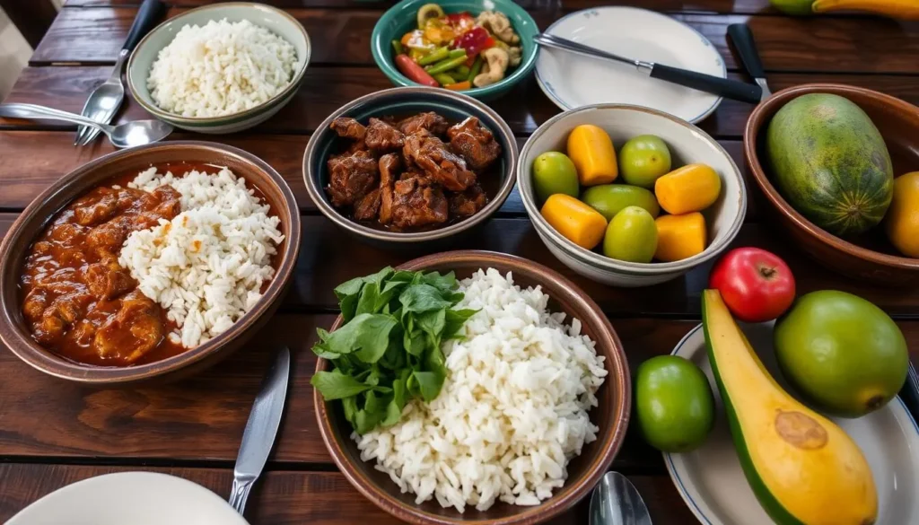 Traditional Malagasy meal with rice, zebu meat, and local vegetables