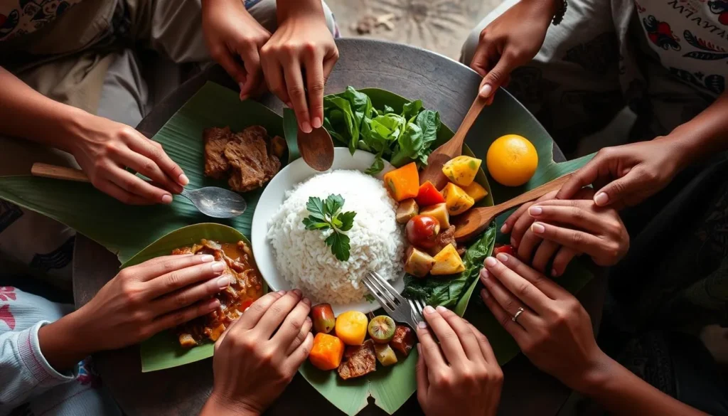 Traditional Malagasy meal with rice, zebu meat, and local vegetables served on banana leaves