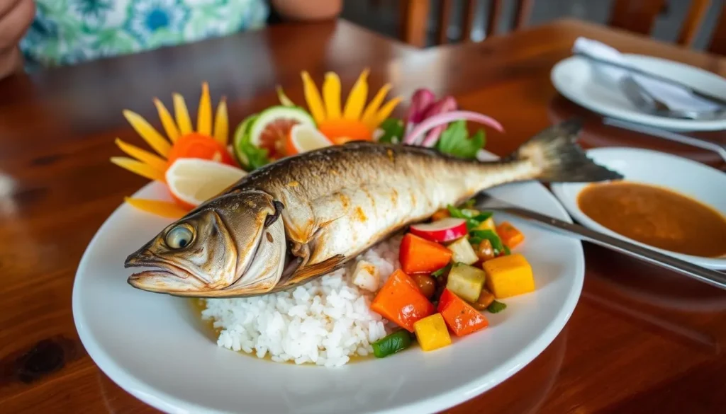 Traditional Malagasy seafood dish served in Antalaha restaurant, featuring fresh fish and local ingredients Traditional Malagasy seafood dish served in Antalaha restaurant, featuring fresh fish and local ingredients