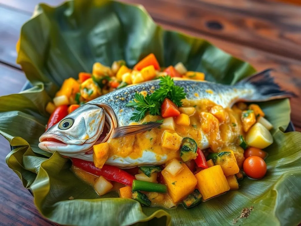 Traditional Malagasy seafood dish with coconut sauce in Hell-Ville (Nosy Be), Madagascar