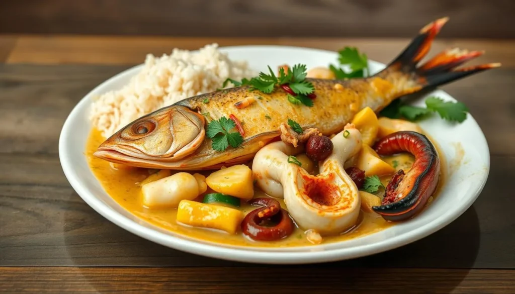 Traditional Malagasy seafood dish with coconut sauce served at a local restaurant near Mananara-Nord