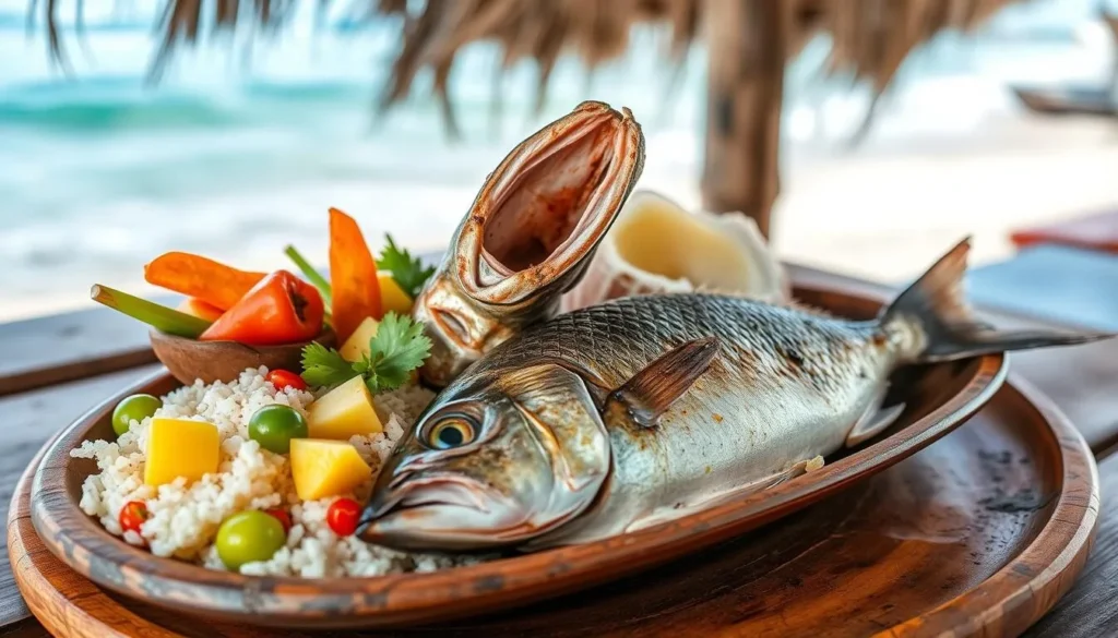 Traditional Malagasy seafood dish with fresh fish, rice, and local vegetables served at a beachside restaurant