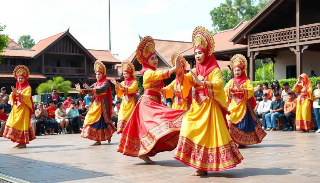 Traditional Malay dance performance at Riau Cultural Park with colorful costumes