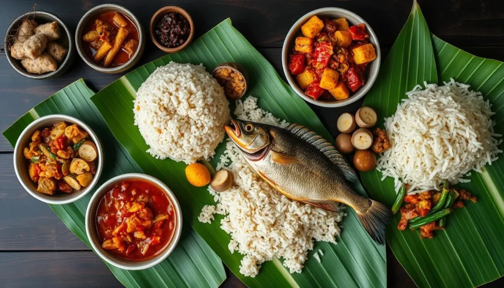 Traditional Mandailing cuisine served on banana leaves with rice and various side dishes