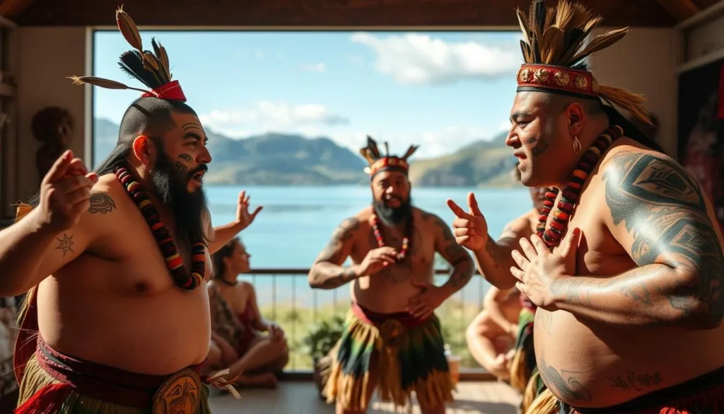 Traditional Māori cultural performance with dancers in traditional costume