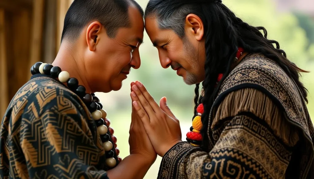 Traditional Māori greeting (hongi) between two people