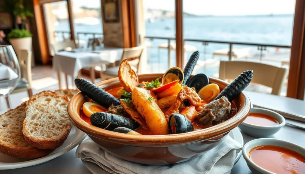 Traditional Marseille bouillabaisse fish stew served in a restaurant with Mediterranean view