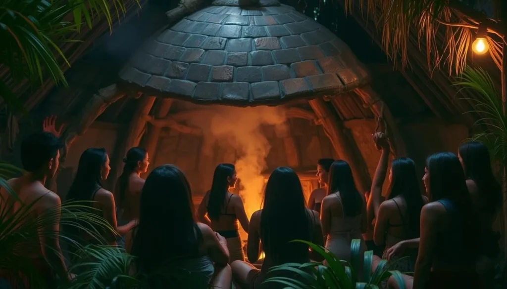 Traditional Mayan temazcal ceremony in Tulum with participants around a stone structure