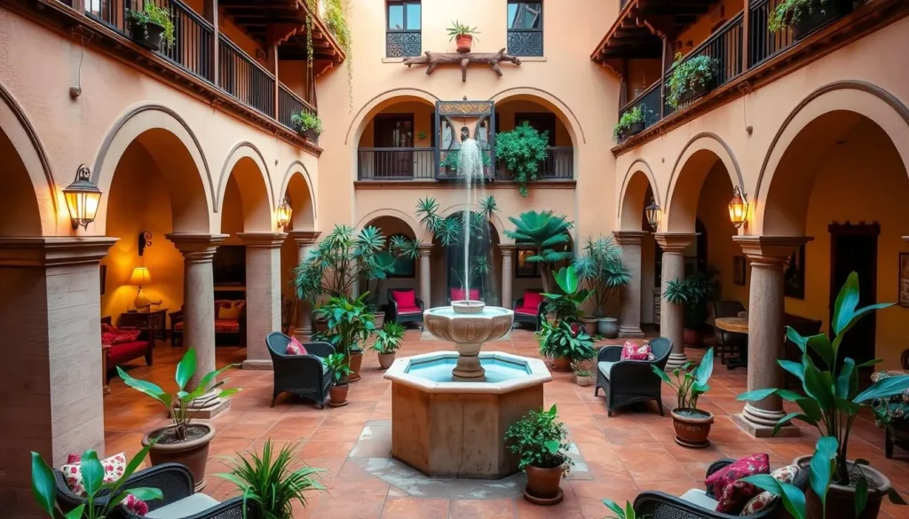 Traditional Mexican colonial-style hotel courtyard in Tlaquepaque with fountain and colorful decor