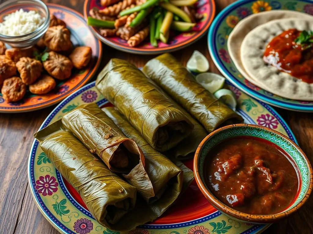 Traditional Mexican dishes from Tlalmanalco including mixiotes, tlacoyos, and mole served on colorful plates