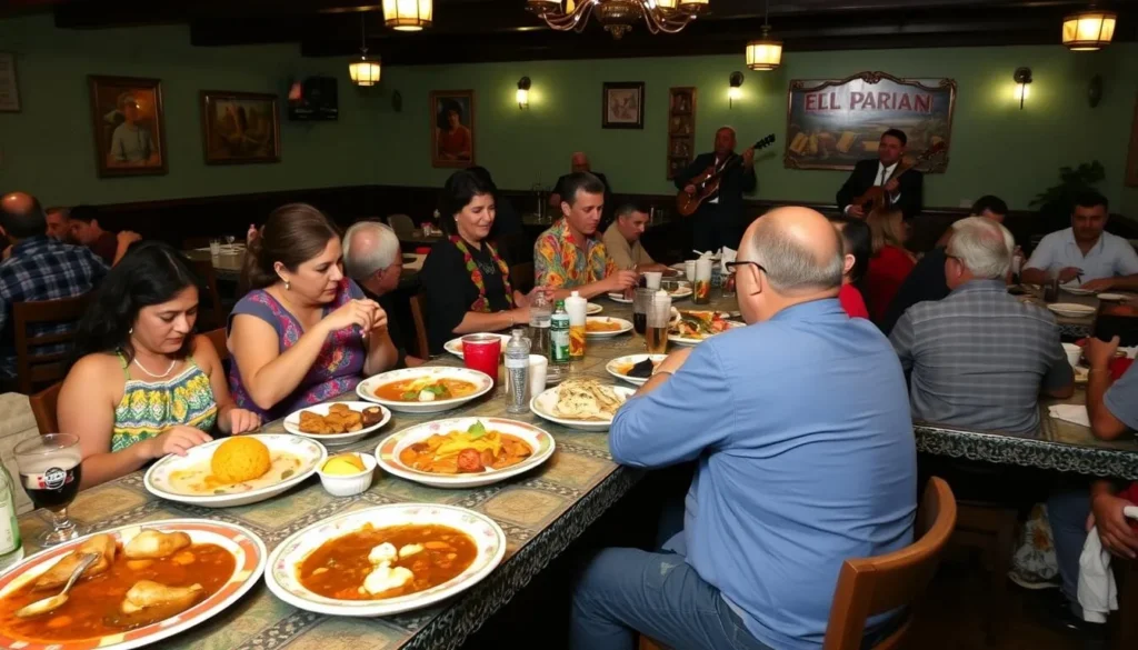 Traditional Mexican food being served at El Parián restaurant in Tlaquepaque with mariachi musicians performing