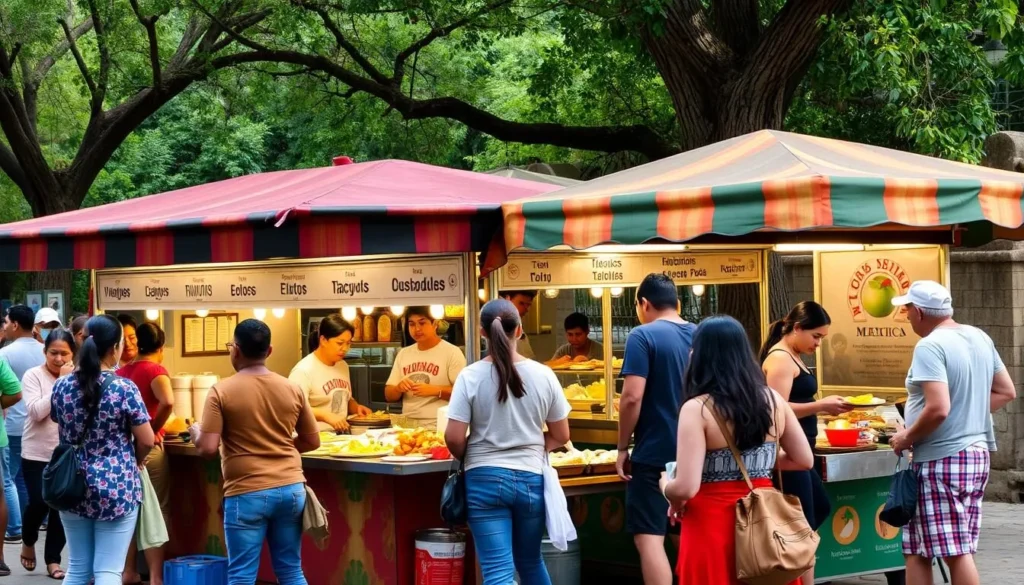 Traditional Mexican food vendors at Molino de Flores Nezahualcoyotl National Park serving local cuisine to visitors