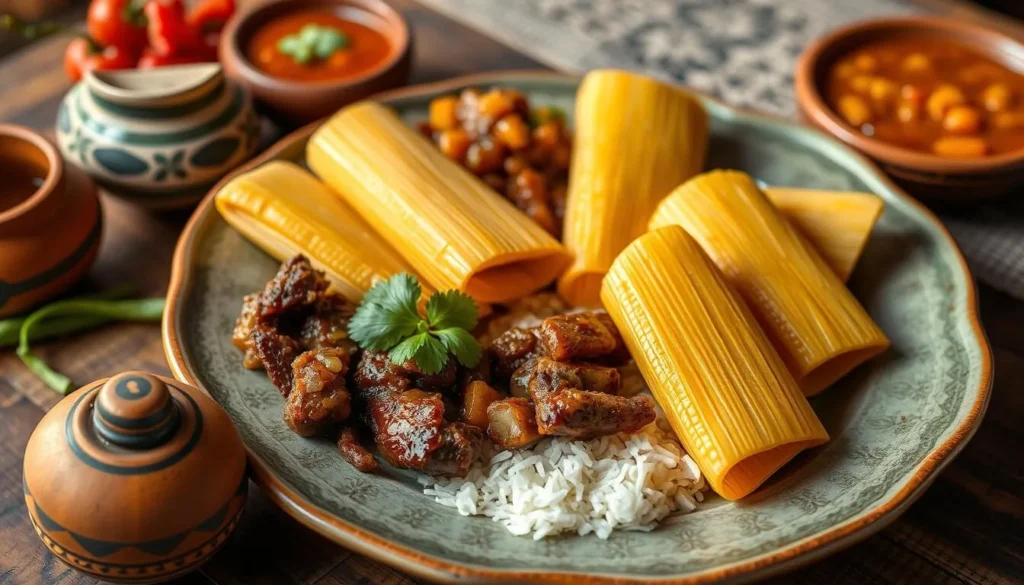 Traditional Michoacán cuisine featuring corundas and carnitas Traditional Michoacán cuisine featuring corundas and carnitas