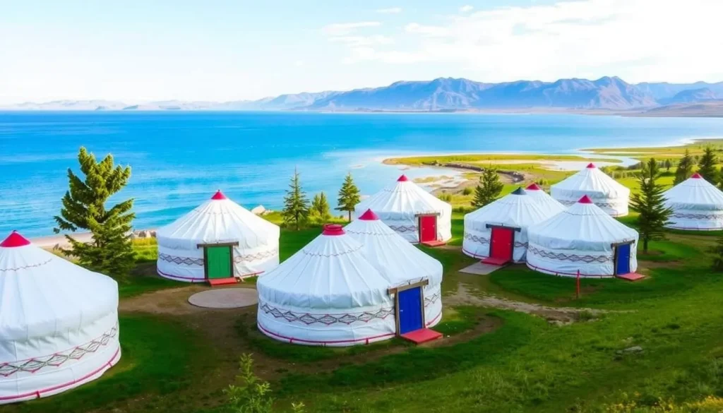 Traditional Mongolian ger (yurt) camp by Lake Khubsugul with mountains in the background