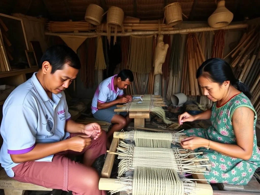 Traditional Mongondow craft workshop in Kotamobagu showing local artisans creating handmade items Traditional Mongondow craft workshop in Kotamobagu showing local artisans creating handmade items