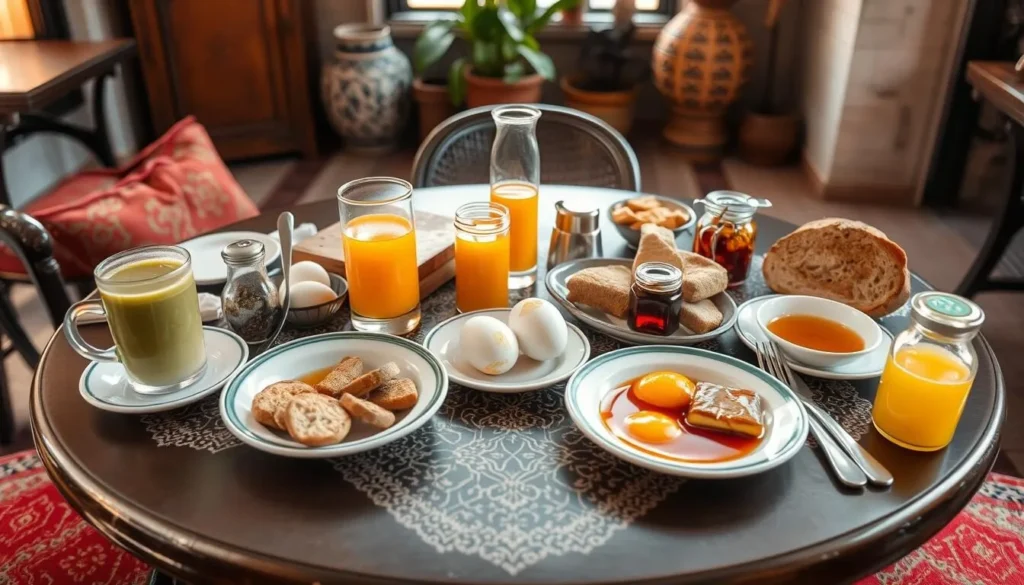 Traditional Moroccan breakfast spread in Asilah cafe