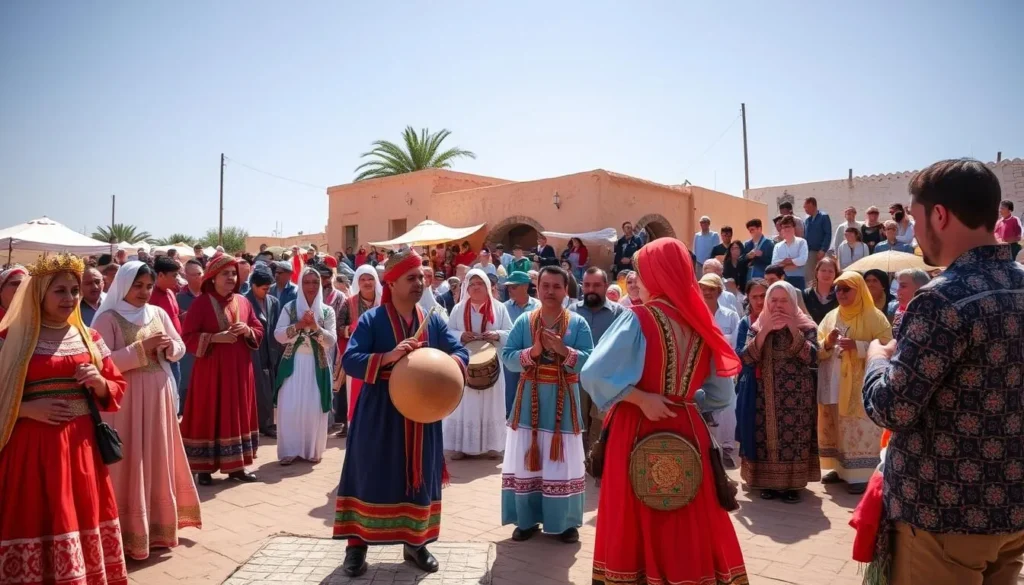 Traditional Moroccan festival celebration in El Kelaa des Sraghna with music and dancing, Morocco