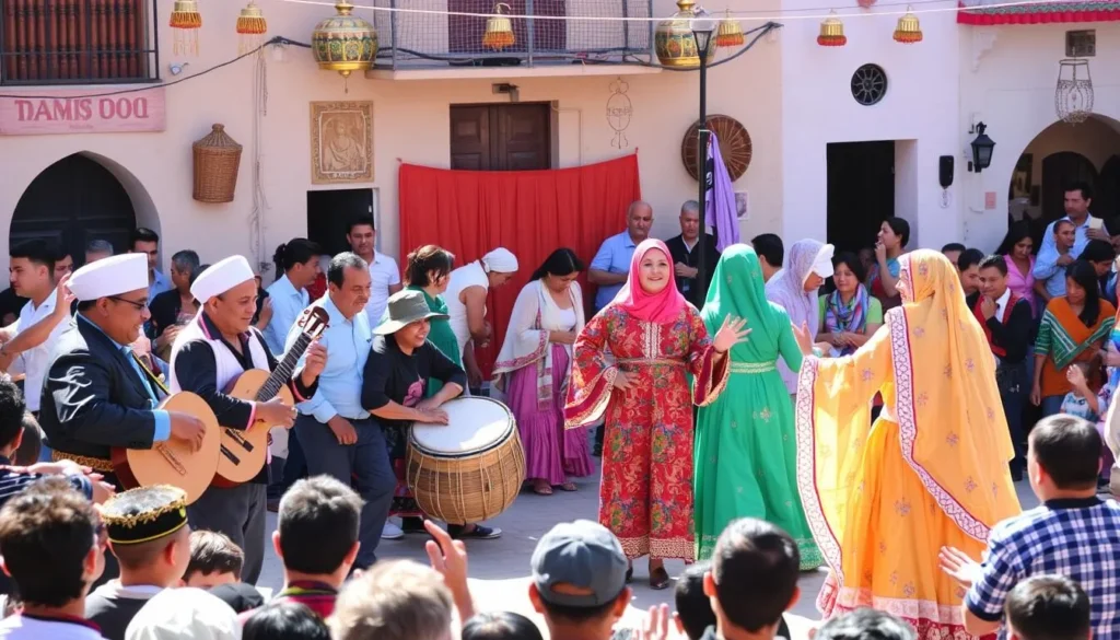 Traditional Moroccan festival celebration in Ksar El Kebir with musicians and dancers