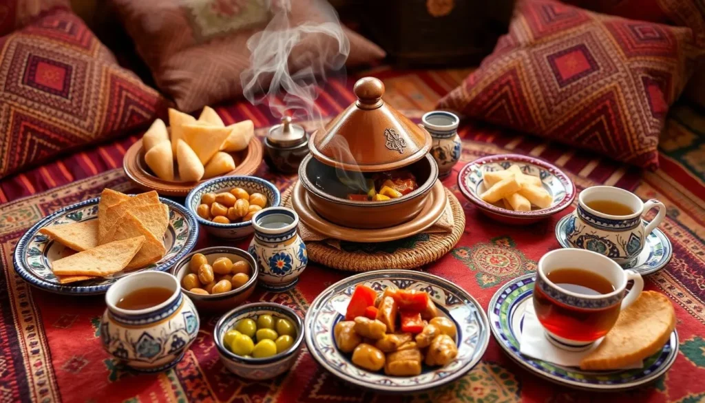 Traditional Moroccan meal with tagine and mint tea near Talassemtane National Park