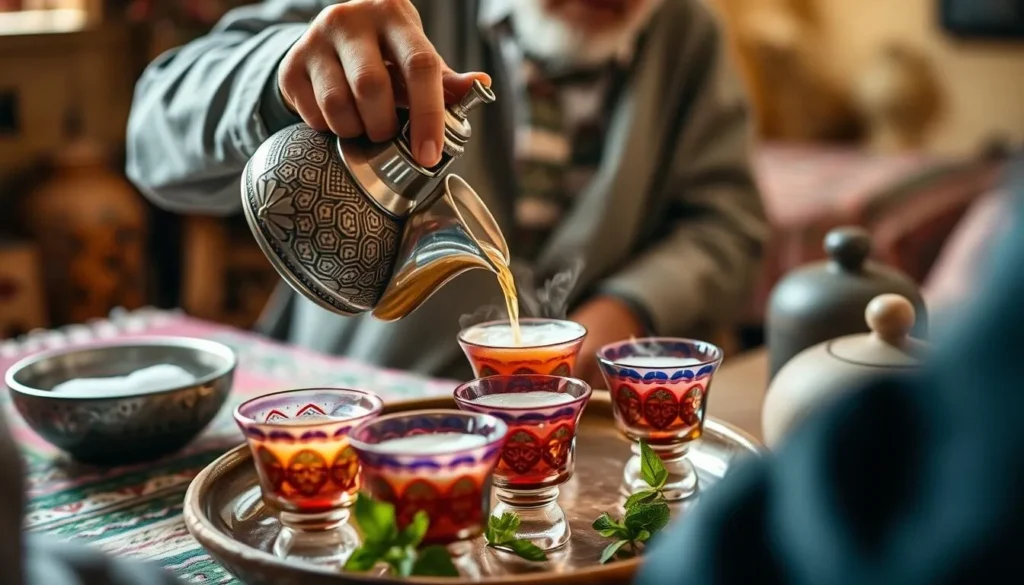 Traditional Moroccan mint tea being prepared by a Berber host for guests after a day of hiking