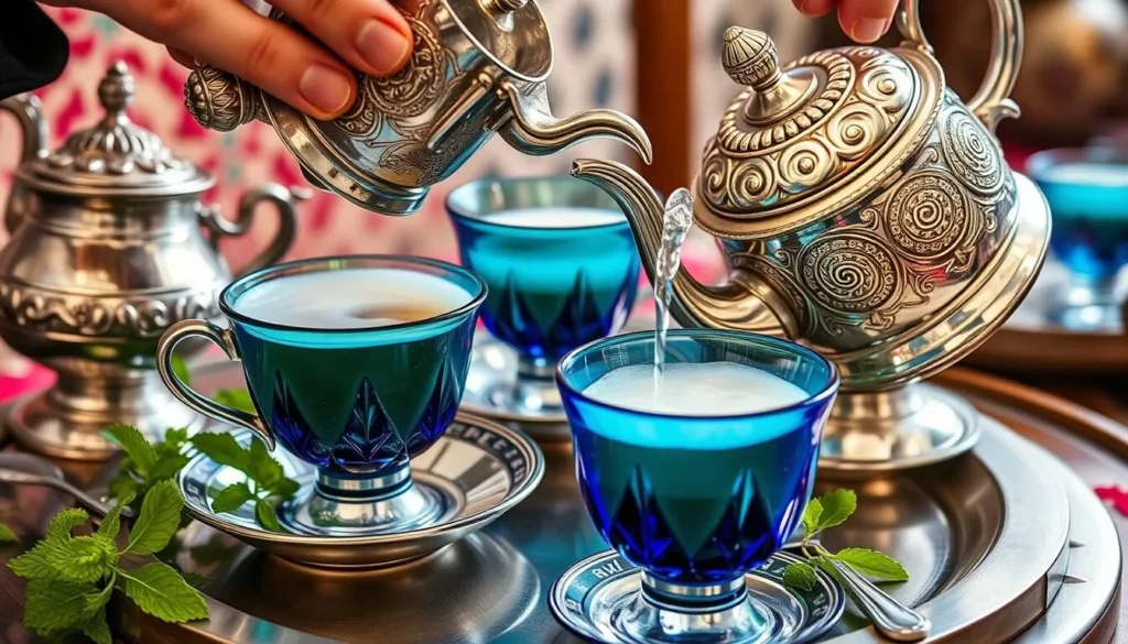 Traditional Moroccan mint tea service in El Kelaa des Sraghna, Morocco