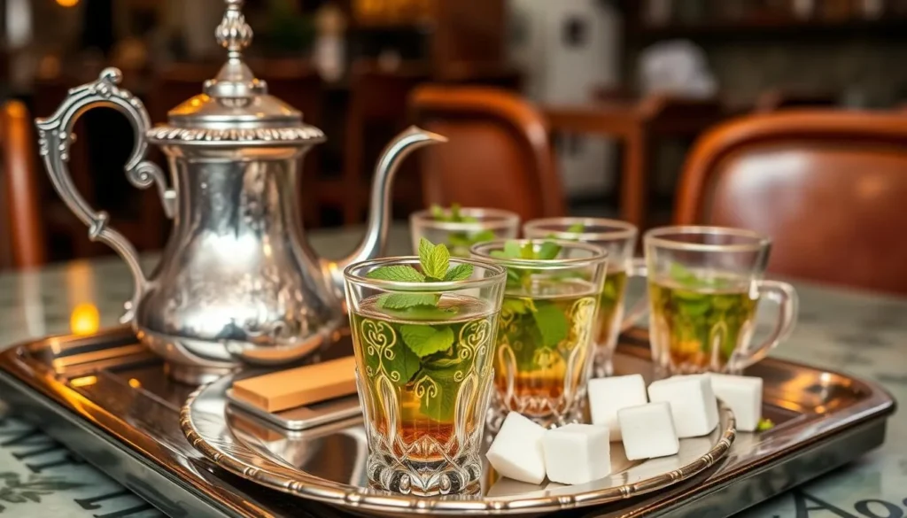 Traditional Moroccan mint tea service with ornate silver teapot and glasses in Oujda cafe