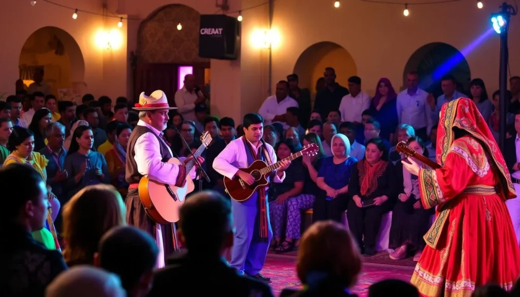 Traditional Moroccan music and dance performance at a local festival in Skhirat