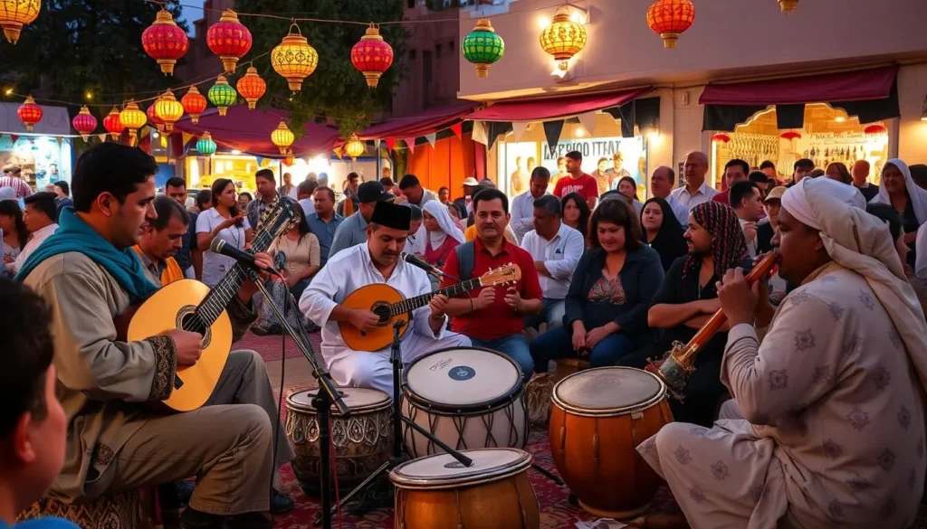 Traditional Moroccan music performance during a local festival in Souk El Arbaa