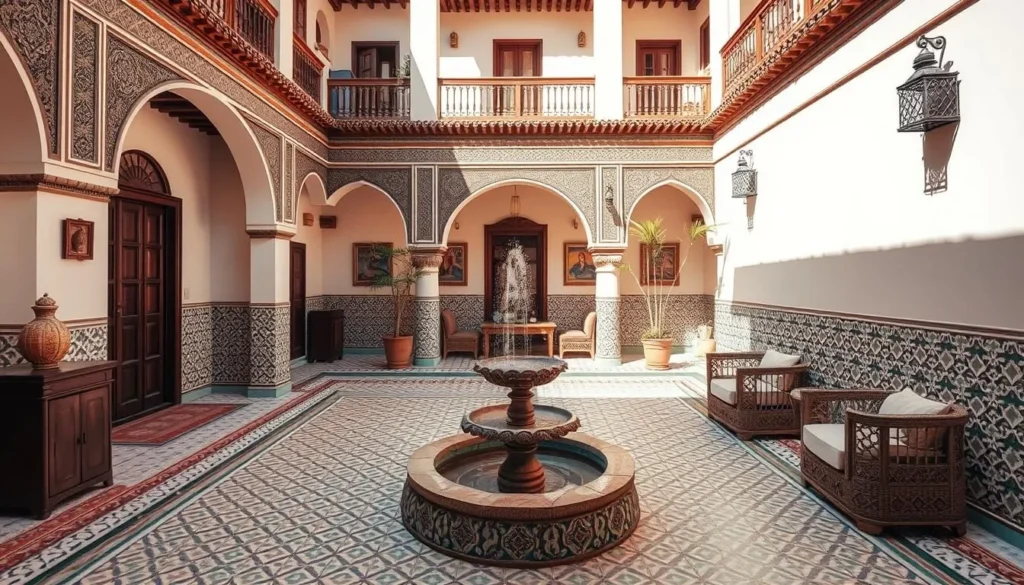 Traditional Moroccan riad accommodation in Lqliaa with courtyard and fountain