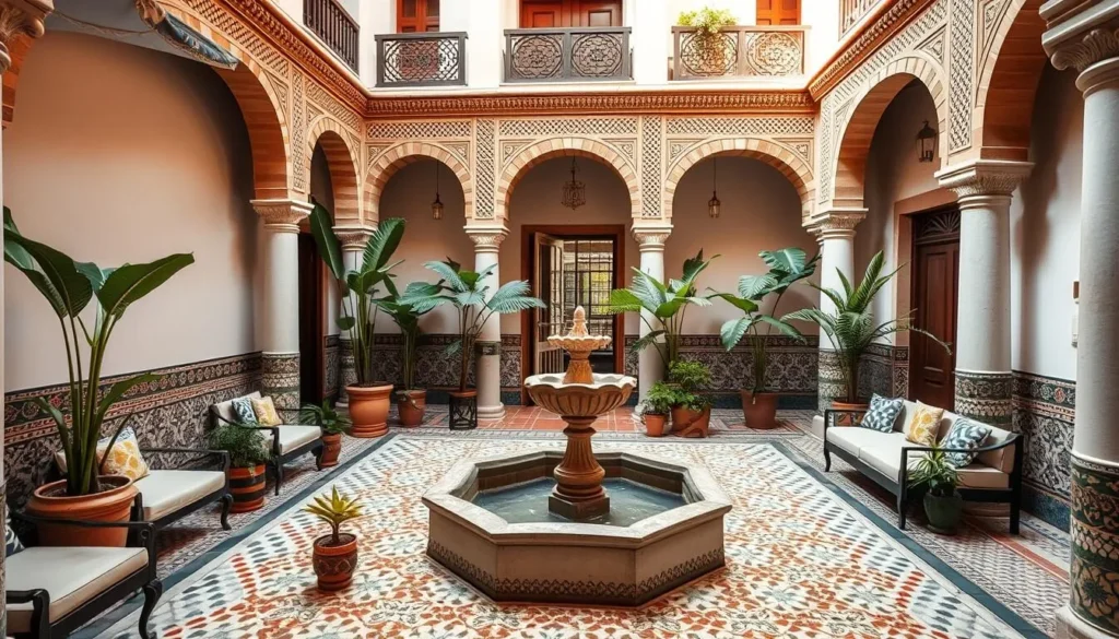 Traditional Moroccan riad courtyard in Oujda with ornate tilework and fountain