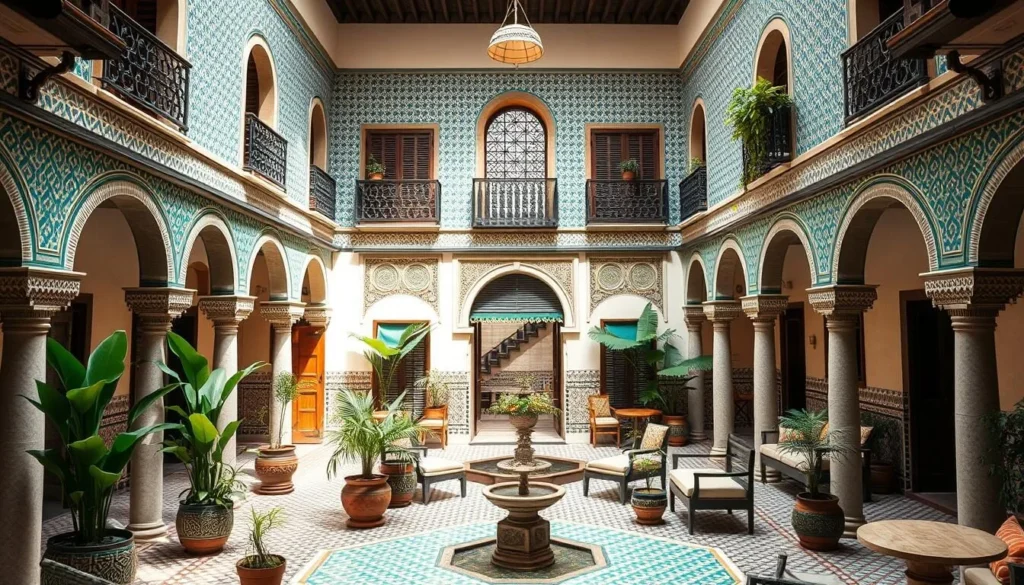 Traditional Moroccan riad courtyard with fountain and colorful tilework in Souk El Arbaa