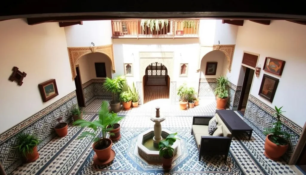 Traditional Moroccan riad courtyard with fountain in Oued Zem