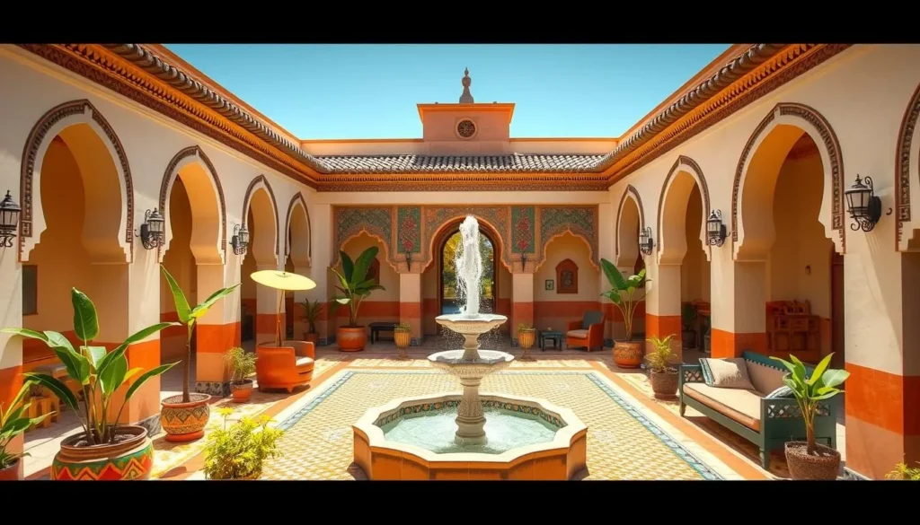 Traditional Moroccan riad courtyard with fountain in Tifelt area