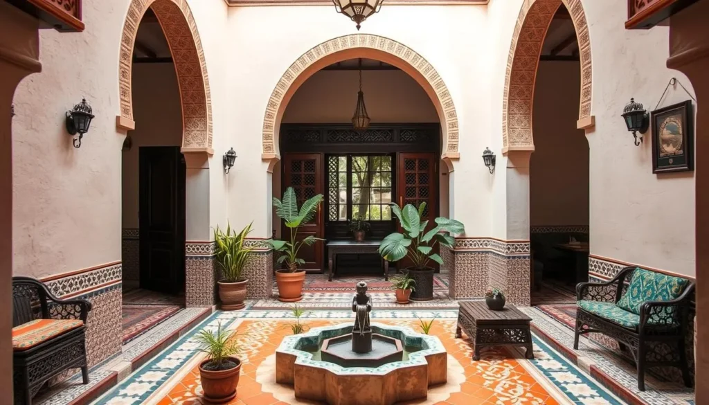 Traditional Moroccan riad in Ksar El Kebir with central courtyard and decorative tilework