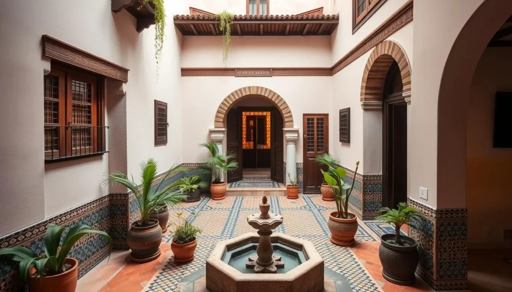 Traditional Moroccan riad in Taourirt with central courtyard, fountain, and colorful tilework