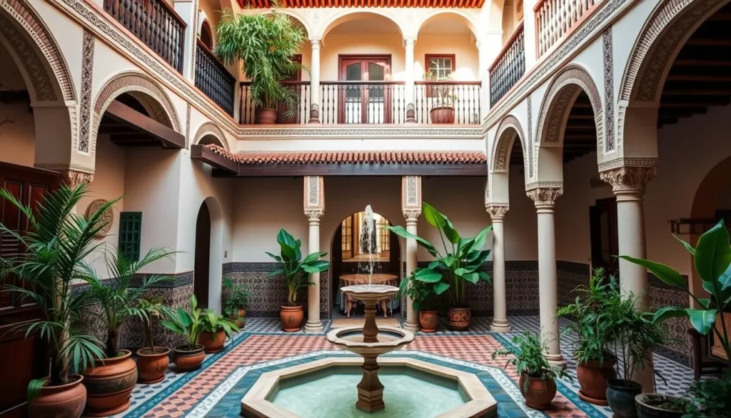 Traditional Moroccan riad with courtyard and fountain in Ait Melloul area
