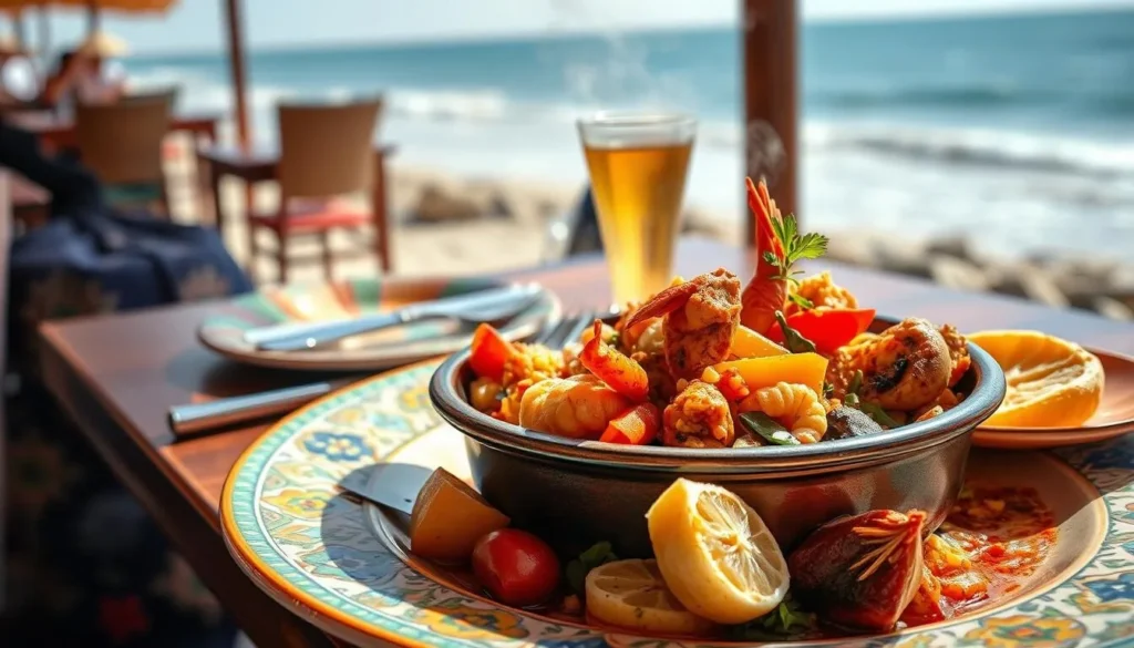 Traditional Moroccan seafood tagine being served at a beachfront restaurant in Skhirat