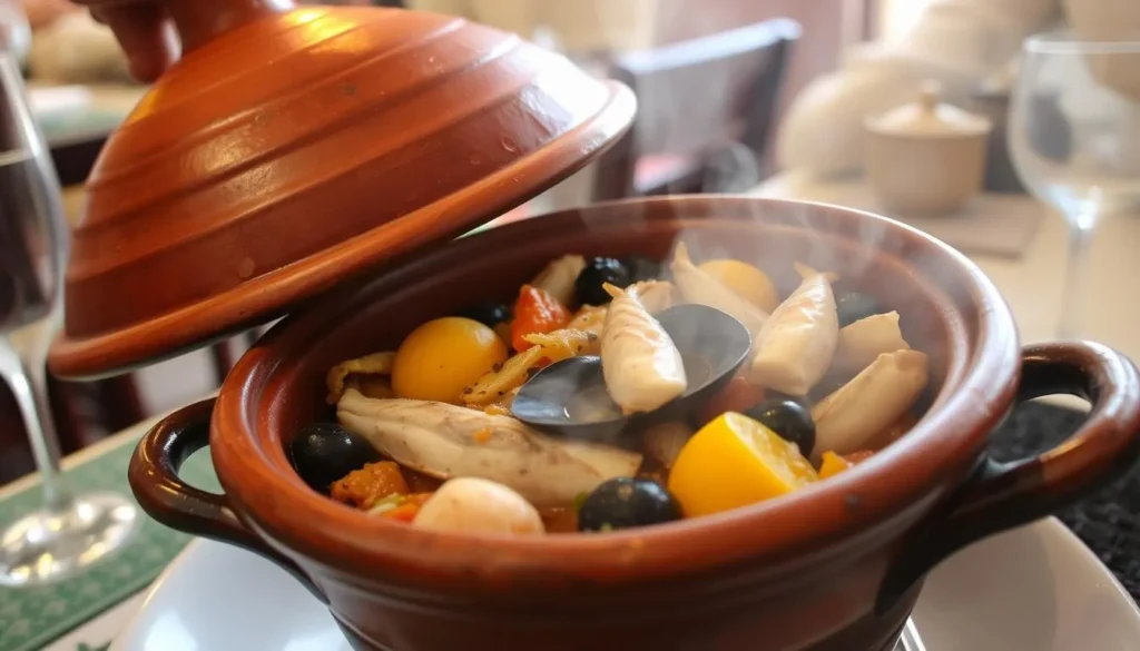 Traditional Moroccan seafood tagine dish served at a restaurant near Souss-Massa National Park