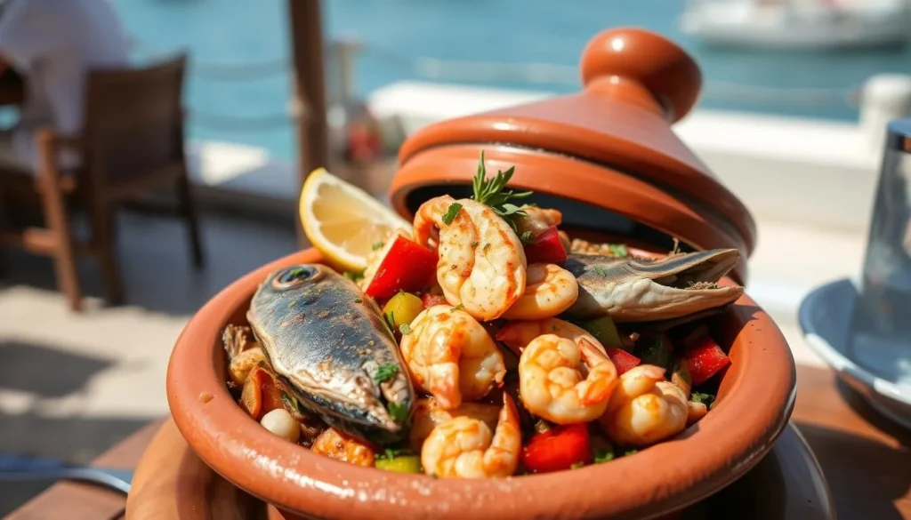 Traditional Moroccan seafood tagine served at a restaurant in Dakhla with views of the lagoon