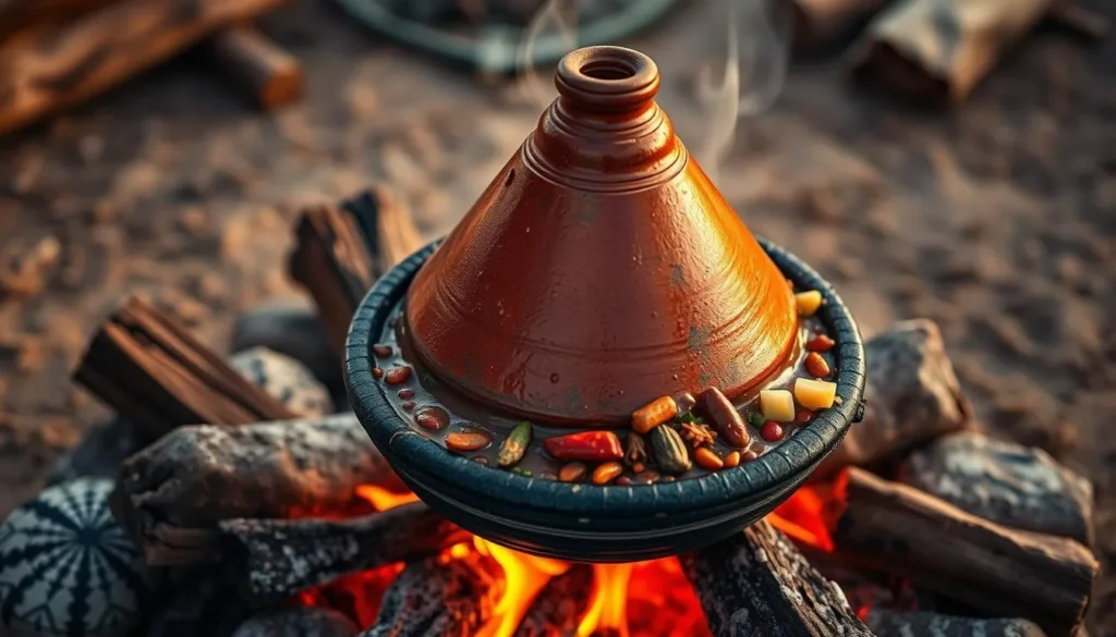 Traditional Moroccan tagine being prepared over open fire at a desert camp in Iriqui National Park
